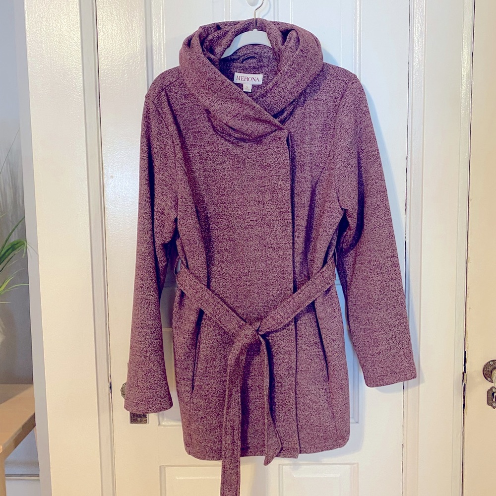 Merona Knit Purple Asymmetric Pea Coat w/ belt and convertible collar - Sz L